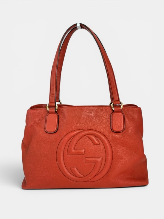 Gucci Handbags - Gucci Orange-Red Pebbled Leather Shoulder Tote